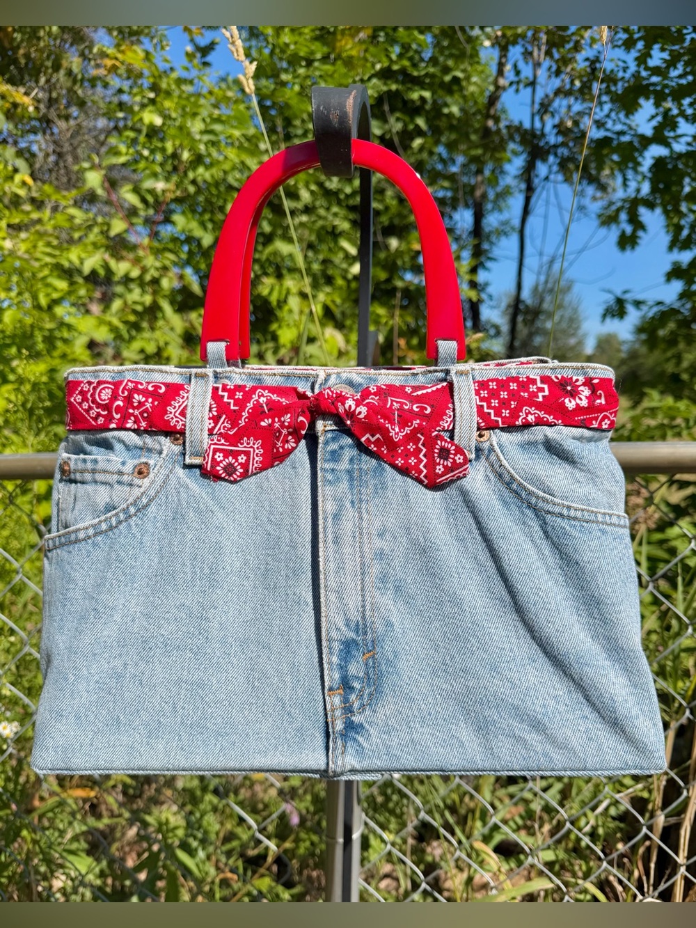 Vintage DENIM BAG Upcycled Purse Levi's Jeans Handbag Bandanna Rit Z Rag 1990s